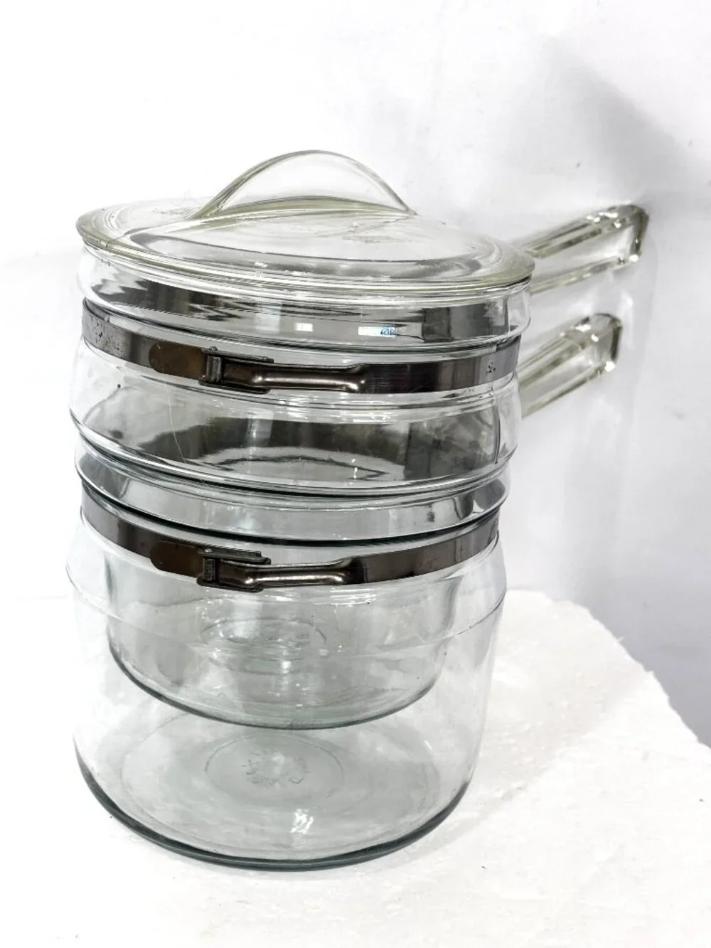 VTG PYREX  Flameware Glass Double Boiler Pot W/ Lid 1.5 Quart Three-Piece Set